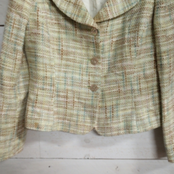 Tahari Arthur S Levine 10PGreen Tweed 3 Button Lined Blazer Padded Shoulders - Picture 7 of 12